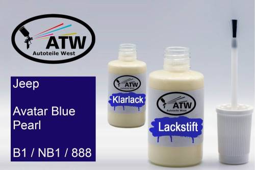 Jeep, Avatar Blue Pearl, B1 / NB1 / 888: 20ml Lackstift + 20ml Klarlack - Set, von ATW Autoteile West.